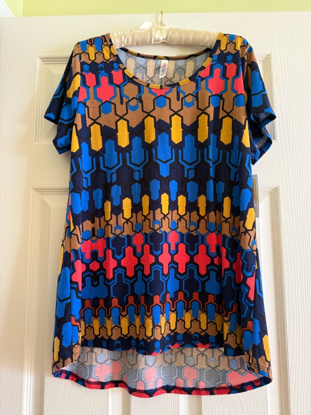 LuLaRoe Short Sleeve Geometric Print Top - Blue/Gold/Red/Tan